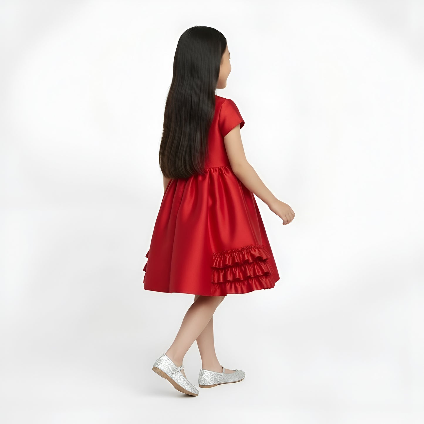 Girls' Scarlet Red Satin Ruffle Party Dress