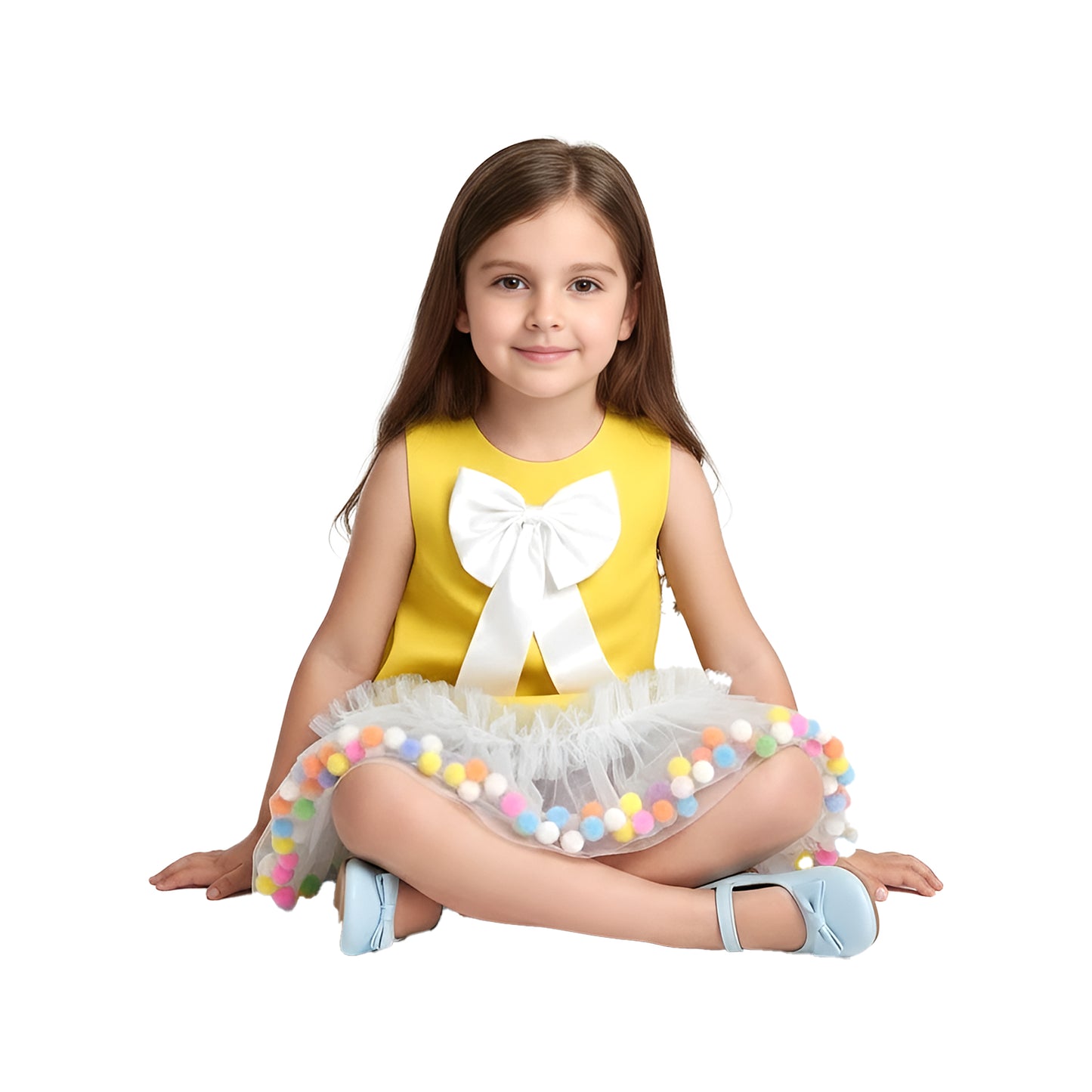 Yellow Pom-Pom Tulle Ruffle Dress