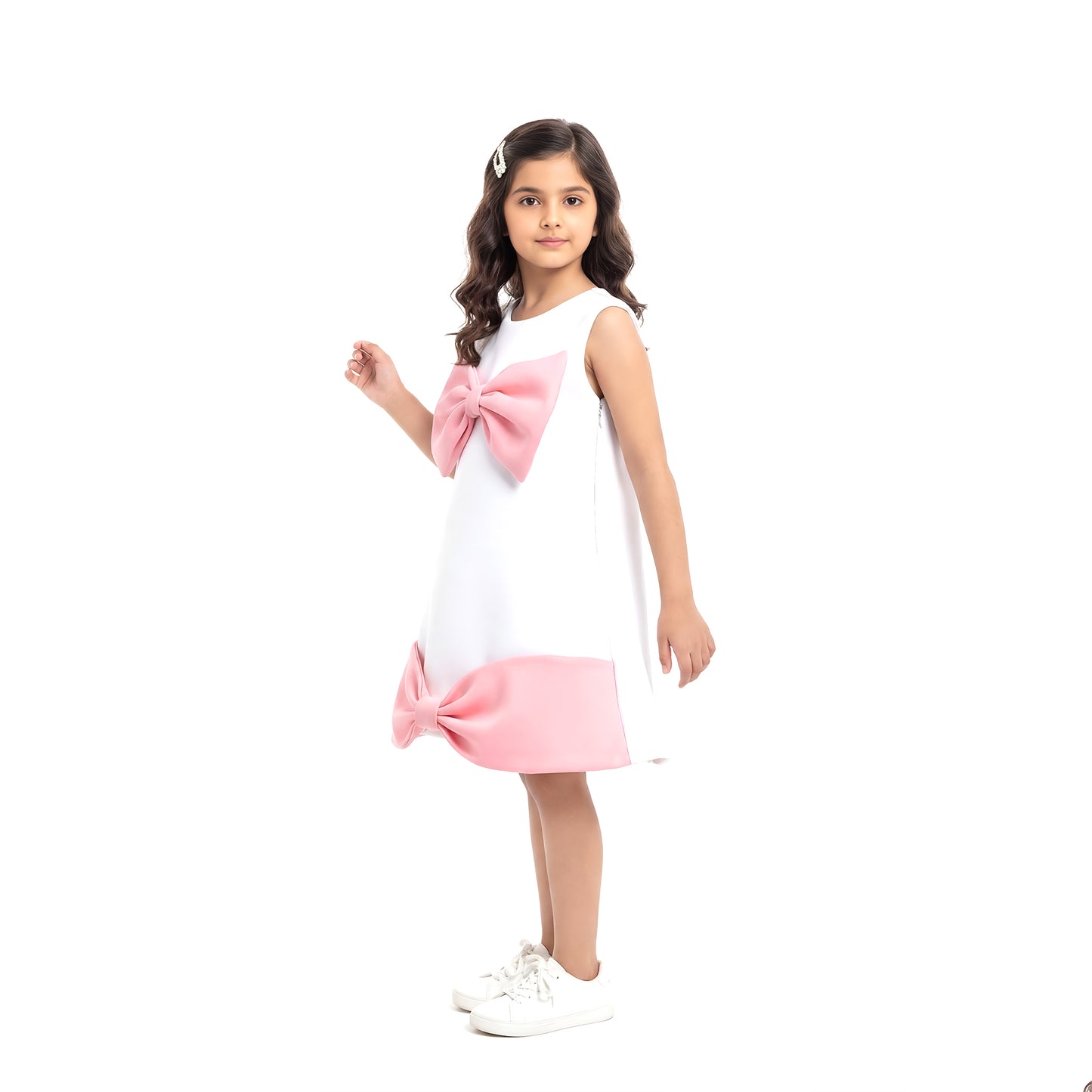 The Darling Bow A-Line Dress – White & Blush Pink
