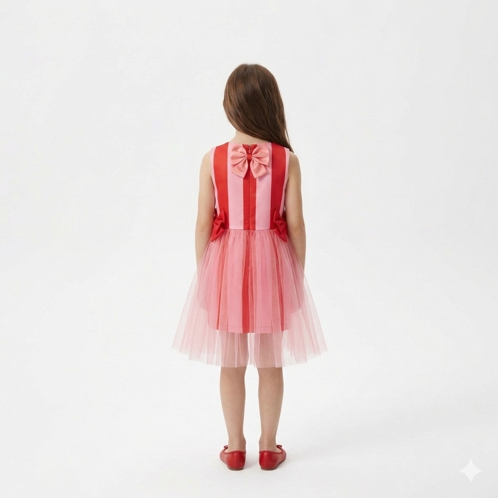 Girls' Pink and Red Striped Bow Dress with Tulle Overlay