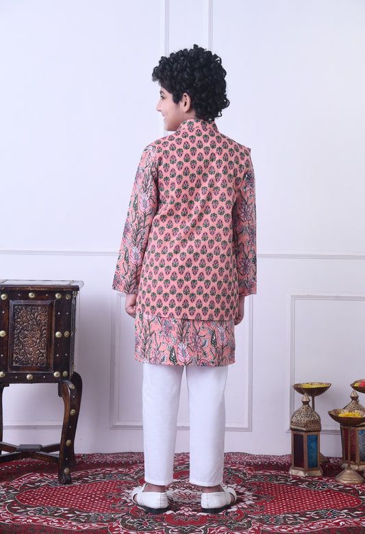 Charming Peach Floral Nehru Jacket and Coord Set for Boys