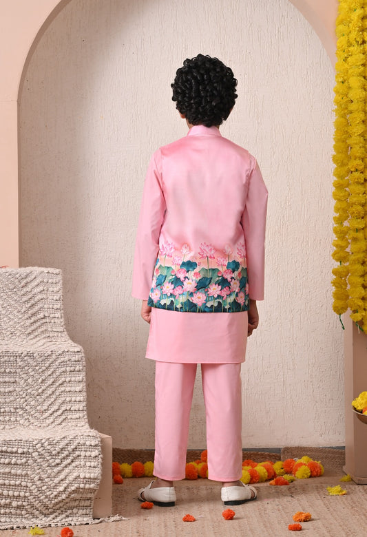 Charming Pink Printed Nehru Jacket and Coord Set for Boys