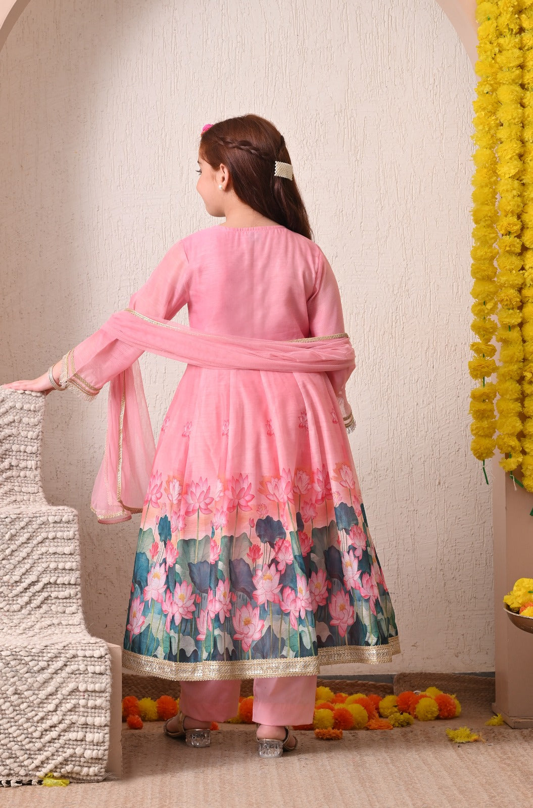 Charming Pink Floral Angrakha Kurta Set