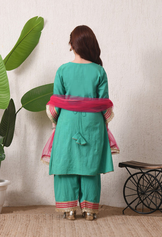 Graceful Teal Green and Pink Ethnic Suit Set for Kids