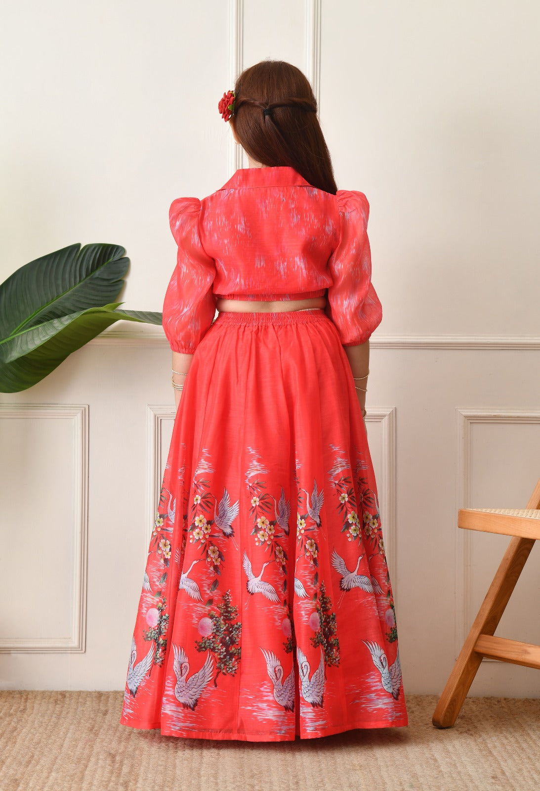 Charming Red Printed Crop Top and Long Skirt Set for Kids