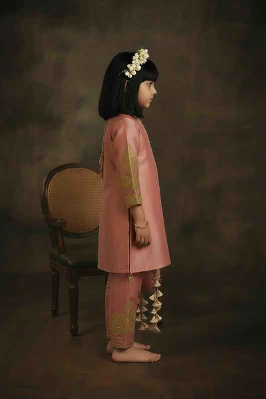 Rose Pink Metallic Embroidered Kurta Set with Potli Bag for Girls