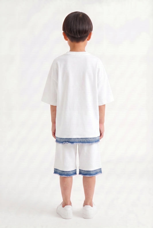 Boys' White Oversized Denim-Trim Set – Two-Piece Streetwear