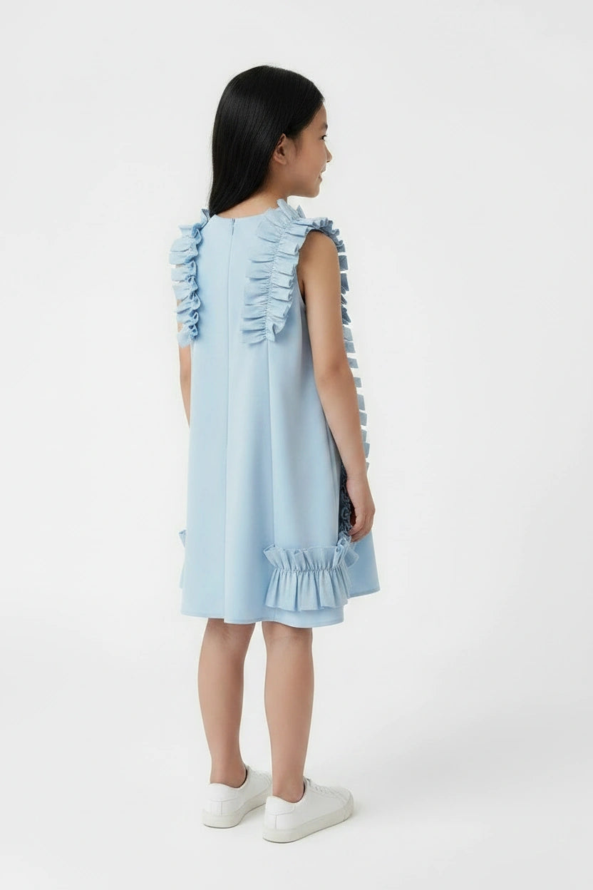 Sky Blue Ruffle Trim Girls' Trapeze Dress