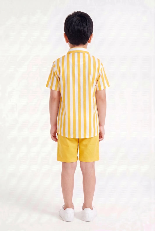 Boys' Yellow Stripe Color-Block Co-ord Set – Two-Piece Summer Shirt and Shorts Outfit