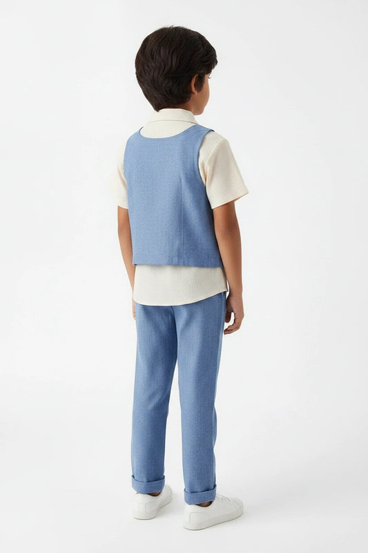 Boys' Sky Blue Chambray Layered Set – Three-Piece Look with Apron-Style Vest and Tailored Trousers