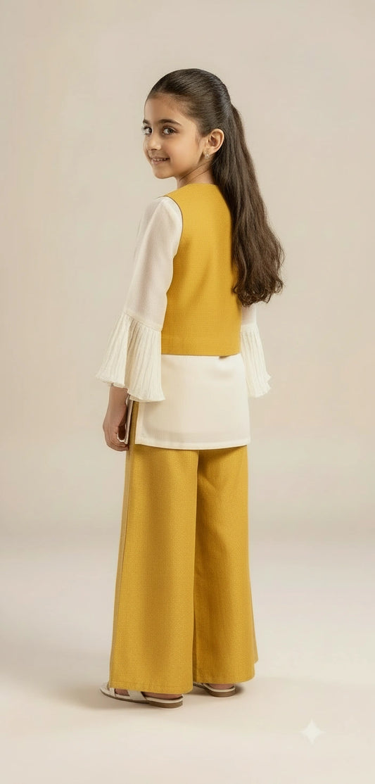 Mustard Yellow Jacket with White Top and Sharara Set for Girls