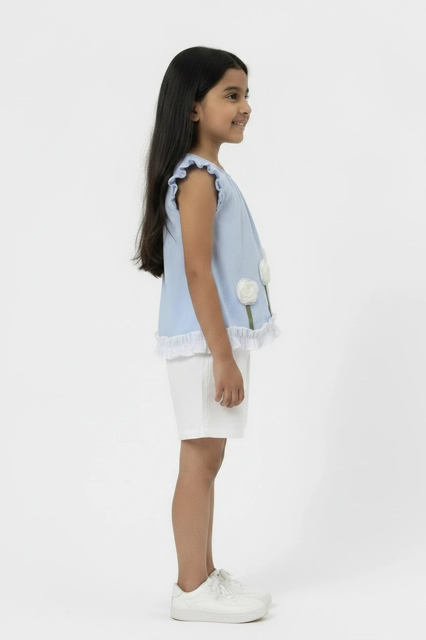 Girls' Pastel Blue Floral Appliqué Top and White Shorts Set