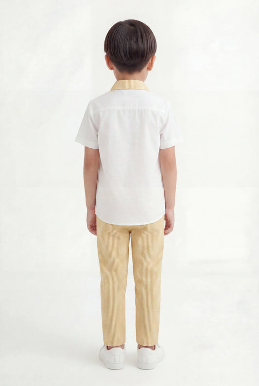 Boys' Lemon Yellow Seersucker Pinstripe Set – Two-Piece White Shirt & Striped Trousers