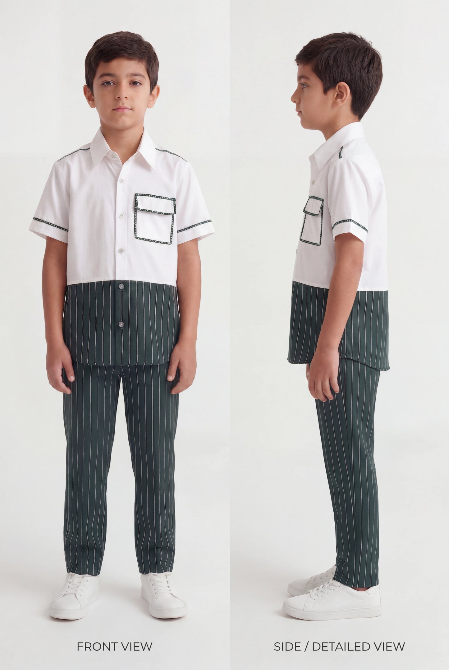 Boys' Forest Green Pinstripe Color-Block Set β Two-Piece Shirt and Trousers Co-ord