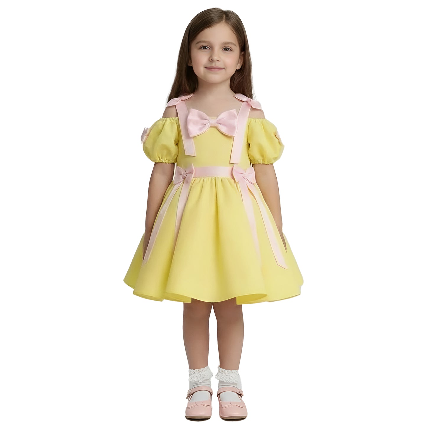 Girls' Yellow Cold-Shoulder Party Dress with Pink Bow and Ribbon Accents