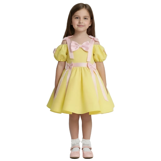 Girls' Yellow Cold-Shoulder Party Dress with Pink Bow and Ribbon Accents