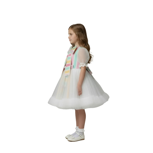 Girls’ Pastel Rainbow Striped Tulle Party Dress