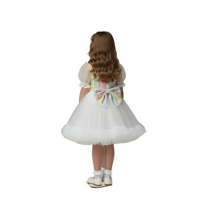 Girls’ Pastel Rainbow Striped Tulle Party Dress
