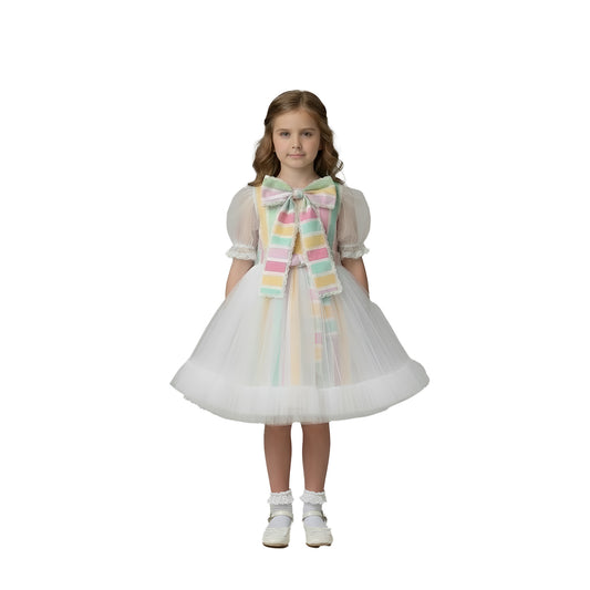 Girls’ Pastel Rainbow Striped Tulle Party Dress