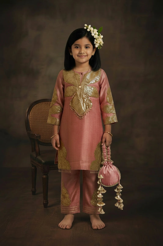 Rose Pink Metallic Embroidered Kurta Set with Potli Bag for Girls