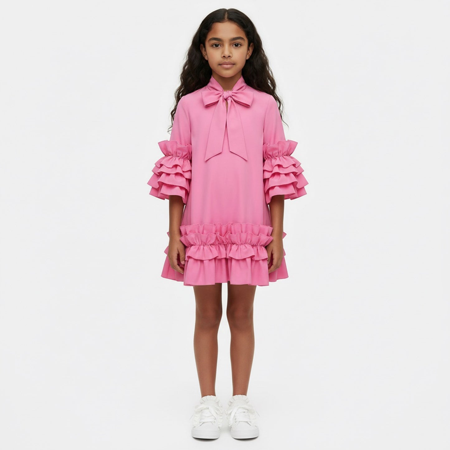 Magenta Bow-Accented Ruffle Dress