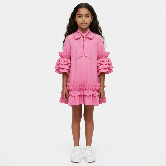 Magenta Bow-Accented Ruffle Dress