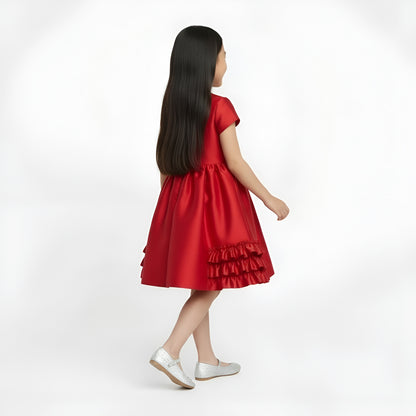 Girls' Scarlet Red Satin Ruffle Party Dress