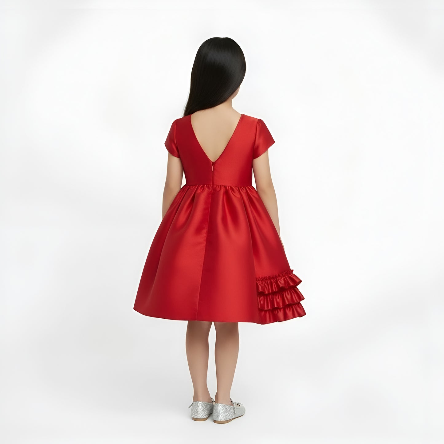 Girls' Scarlet Red Satin Ruffle Party Dress