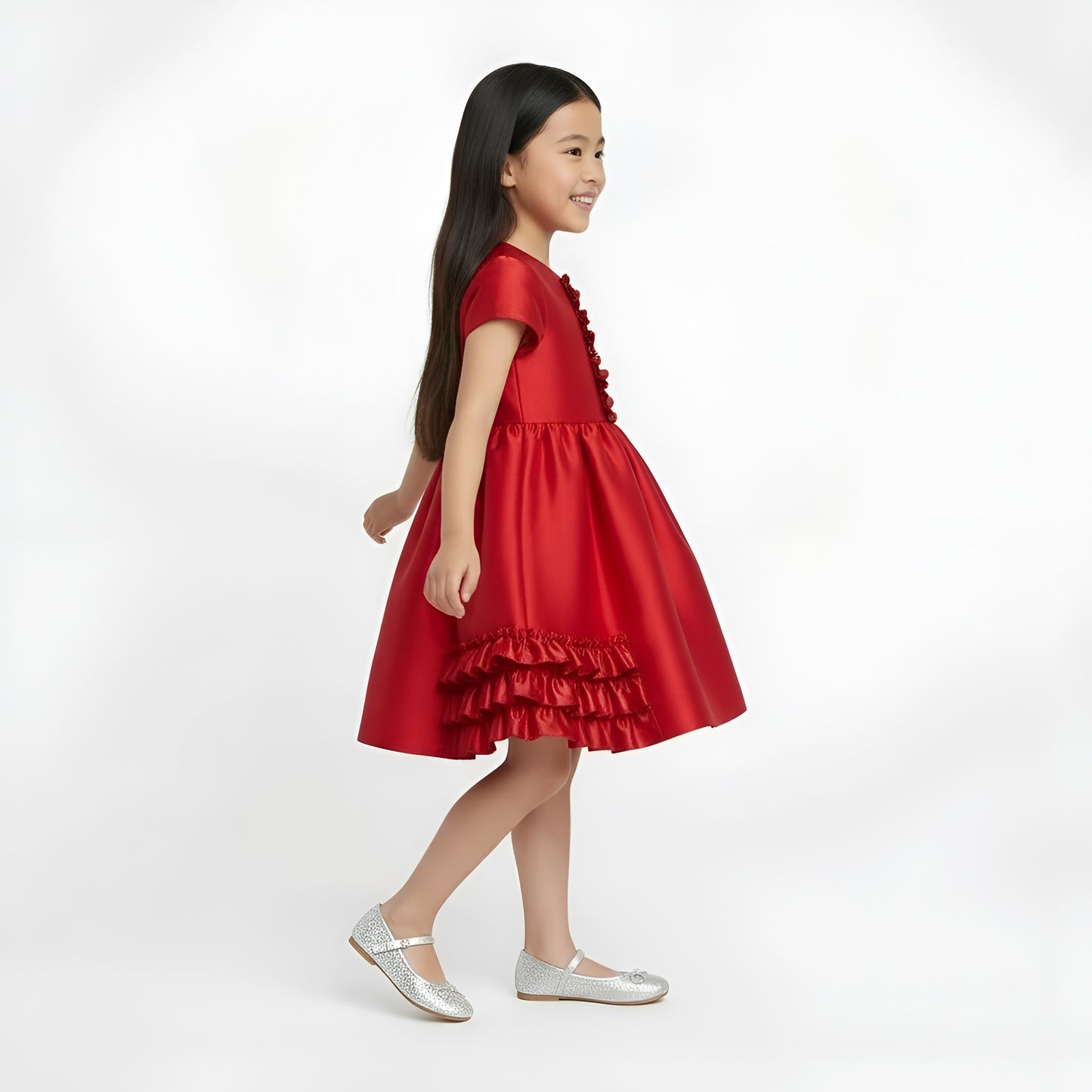 Girls' Scarlet Red Satin Ruffle Party Dress