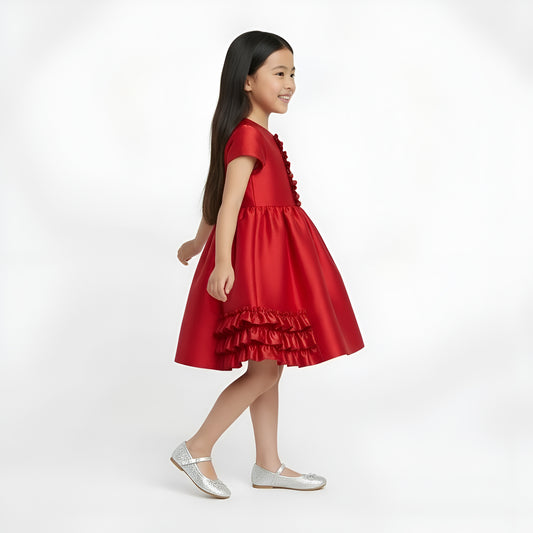 Girls' Scarlet Red Satin Ruffle Party Dress