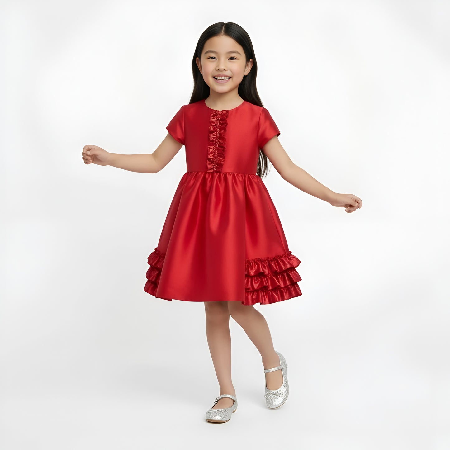 Girls' Scarlet Red Satin Ruffle Party Dress