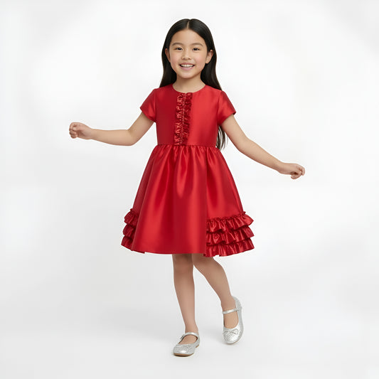 Girls' Scarlet Red Satin Ruffle Party Dress