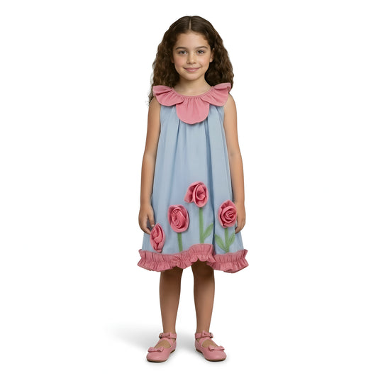 "Secret Garden" Denim Floral Dress – Powder Blue & Rose