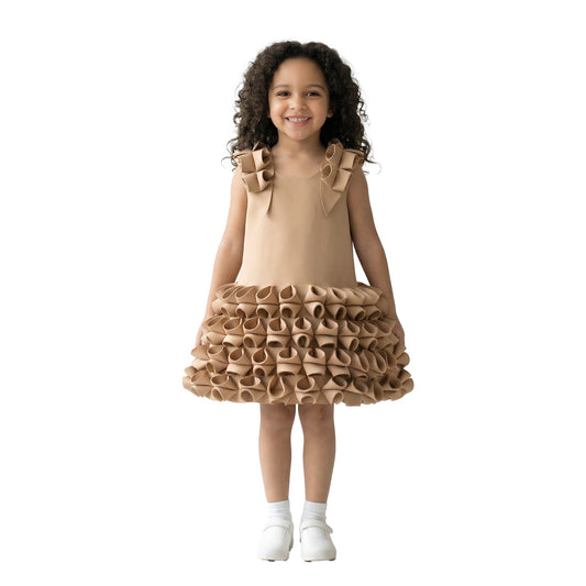 Haute Couture Sculpture Ruffle Dress – Camel Beige