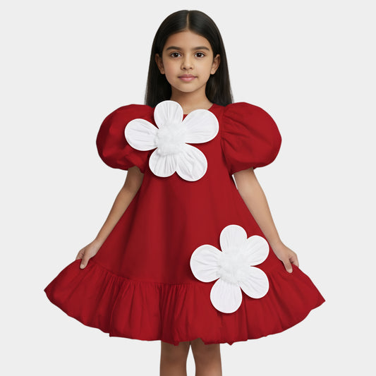 Red Blossom Puff-Sleeve Dress