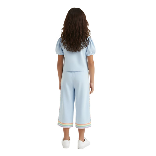 Girls' Pastel Blue 2-Piece Coord Set with Rainbow Bows