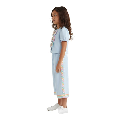 Girls' Pastel Blue 2-Piece Coord Set with Rainbow Bows
