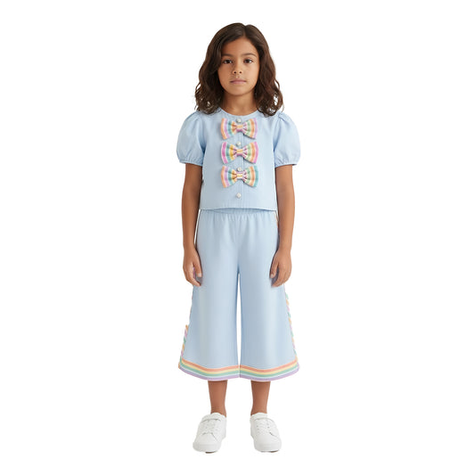 Girls' Pastel Blue 2-Piece Coord Set with Rainbow Bows