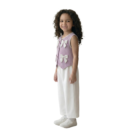 Girls' Lavender Bow-Accent Vest & Pant Coord Set
