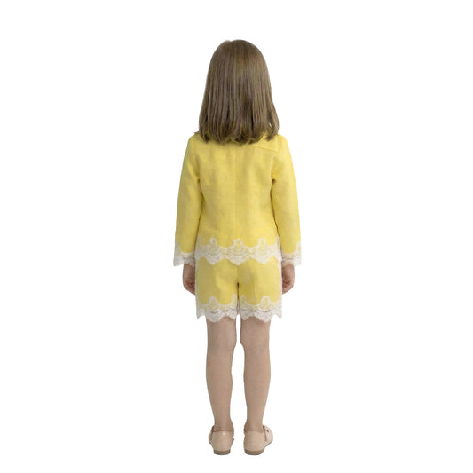 Girls' Lemon Yellow Short Set with Scalloped Lace Trim