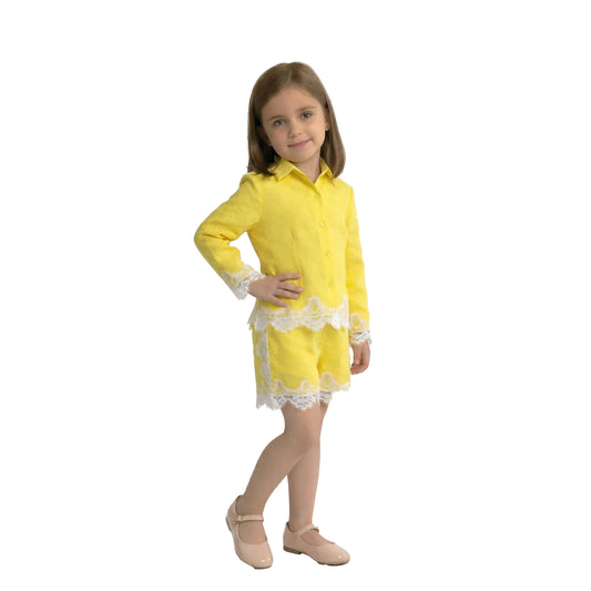 Girls' Lemon Yellow Short Set with Scalloped Lace Trim