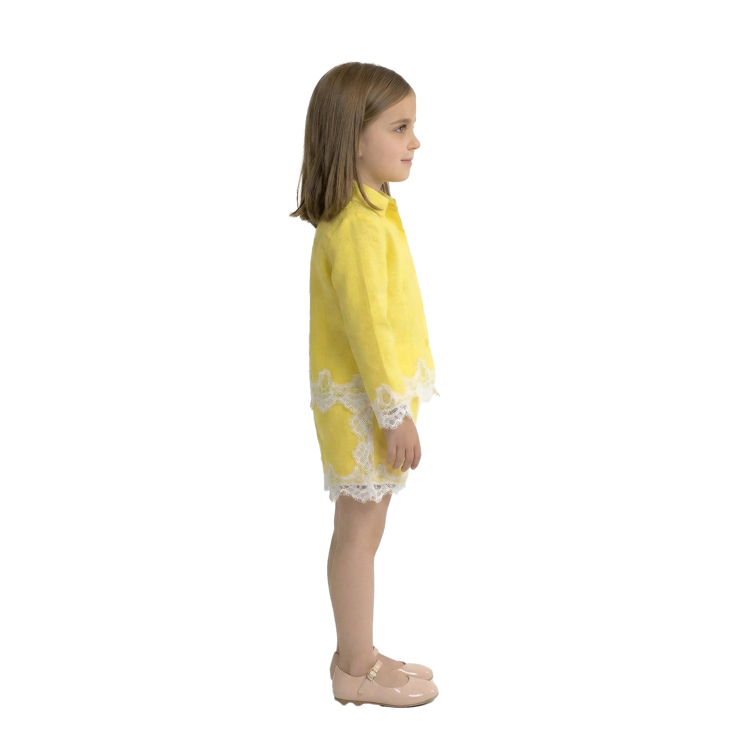 Girls' Lemon Yellow Short Set with Scalloped Lace Trim