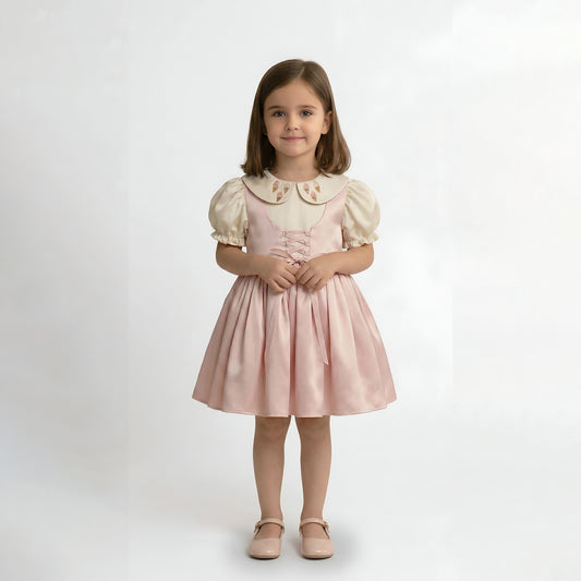 Girls' Vintage-Style Satin Pinafore Dress with Peter Pan Collar