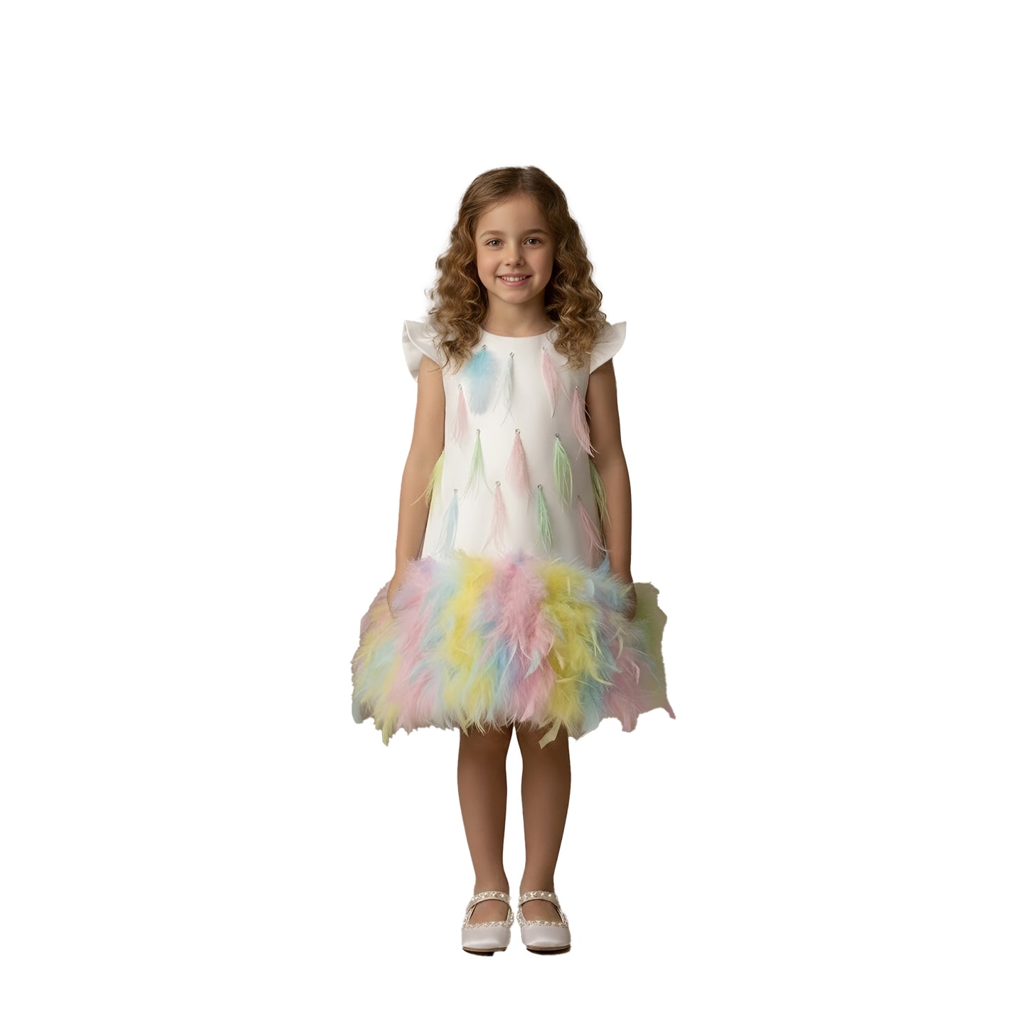 Enchanted Pastel Rainbow Feather Girls Birthday Party Dress