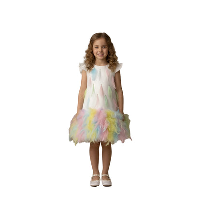 Enchanted Pastel Rainbow Feather Girls Birthday Party Dress