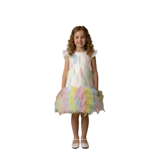 Enchanted Pastel Rainbow Feather Girls Birthday Party Dress