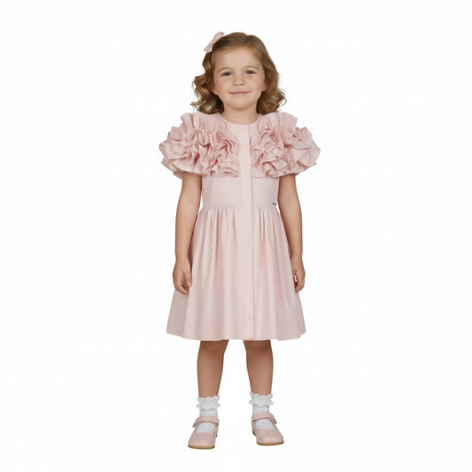 Pastel Pink Ruffle-Shoulder Tea Dress