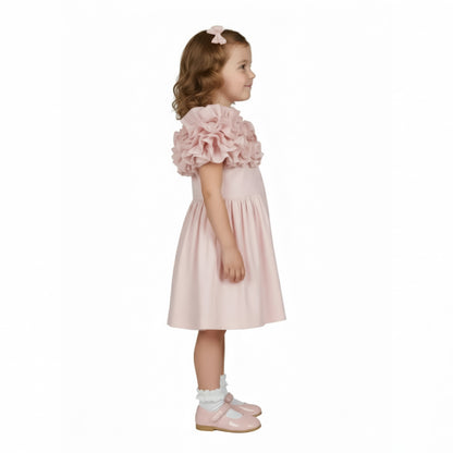 Pastel Pink Ruffle-Shoulder Tea Dress