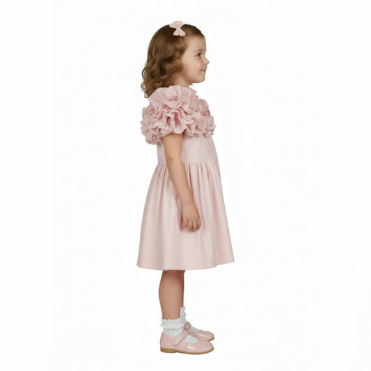 Pastel Pink Ruffle-Shoulder Tea Dress