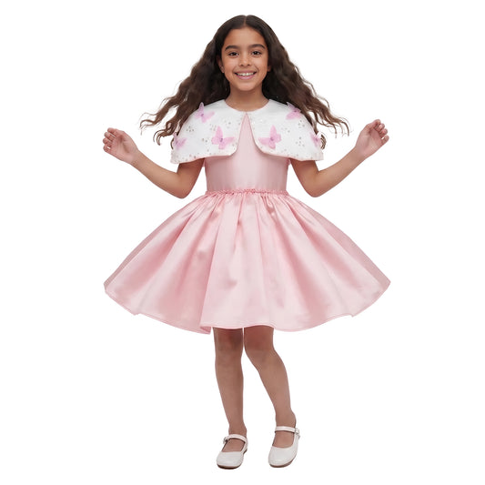 Whimsical Girls Pastel Pink Satin butterfly theme Party Dress with Cape